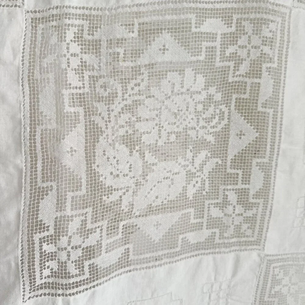 Vintage White Cotton Crochet Lace Embroidered Squares Table Covering Cloth
